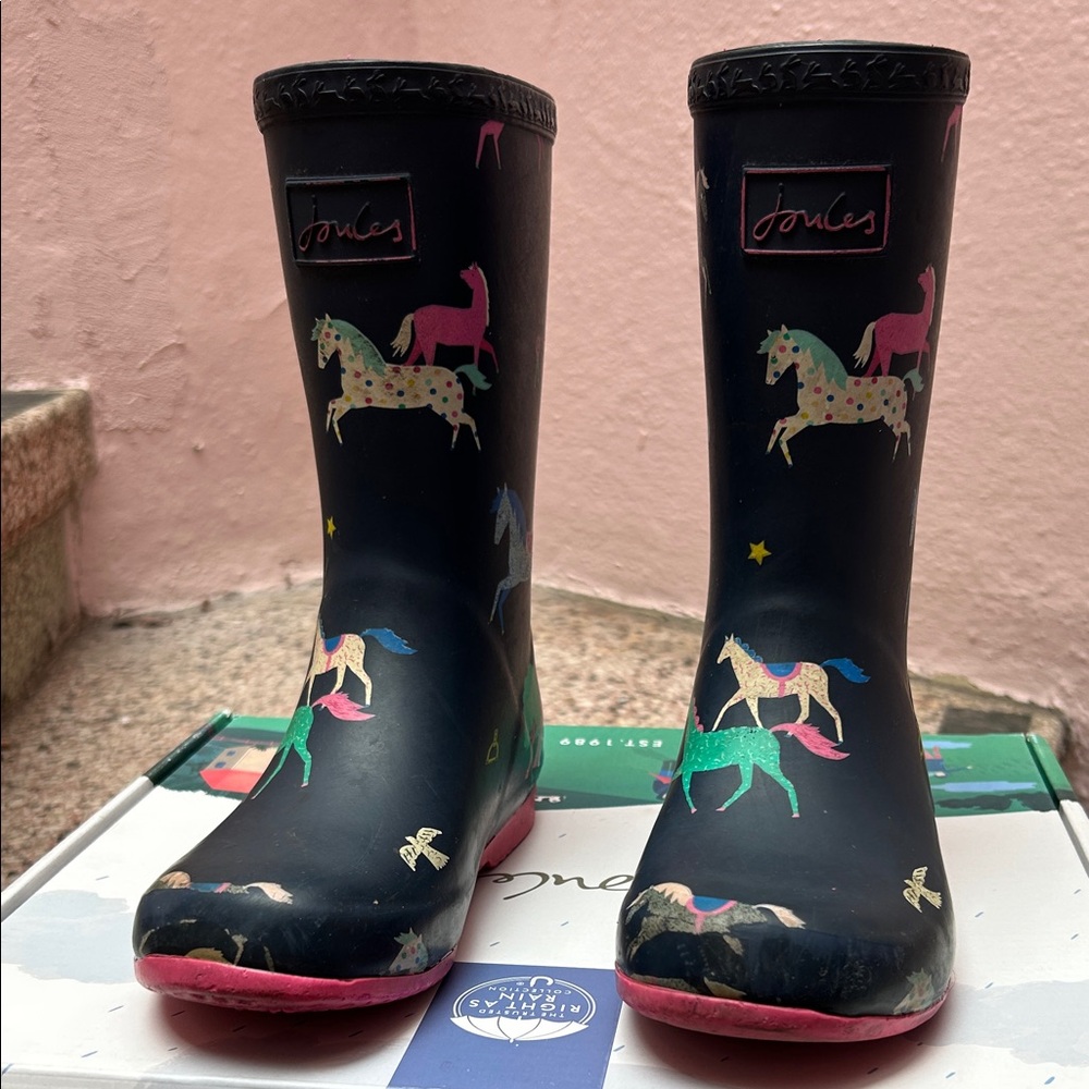 Joules Kids Rain Boots with Colorful Horse Design